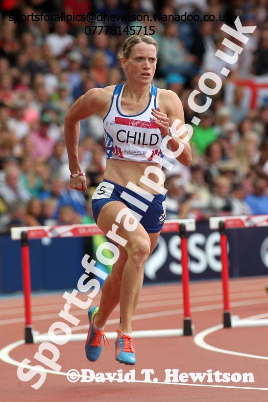 Eilidh Child (Scotland) in the heats of the 400 metres hurdles at the Commonwealth Games, Glasgow. Photo: David T. Hewitson/Sports for All Pics